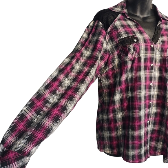 Adiktd Women's Plaid Pearl Snap Western Lace Trimmed Embellished Rodeo Shirt L - Picture 5 of 12